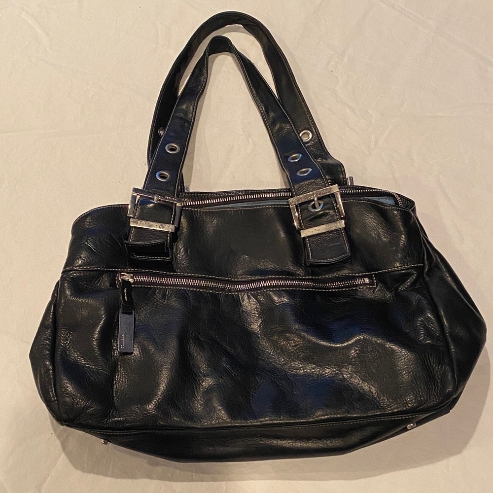 Vintage Perlina Elegant Black Leather Tote Shoulder Bag
